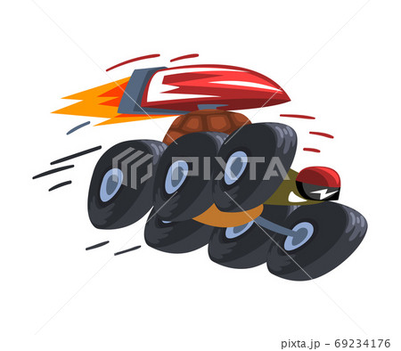 Fast Turtle on Wheels, Tortoise Animal Cartoon Character with Jetpack Vector Illustration on White Background. 69234176