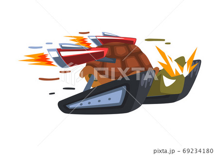 Fast Turtle, Cyborg Animal Cartoon Character with Turbo Speed Booster and Fire Vector Illustration on White Background 69234180