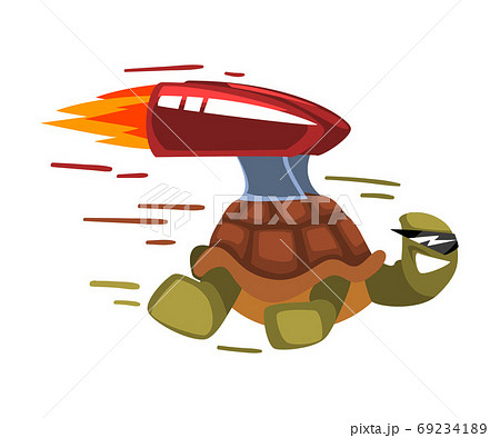 Fast Turtle, Funny Animal Cartoon Character with Turbo Speed Booster and Fire Vector Illustration on White Background. 69234189