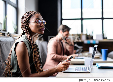 Portrait of young businesspeople with laptop working indoors in office. Portrait of young businesspeople with laptop working indoors in office. 69235275