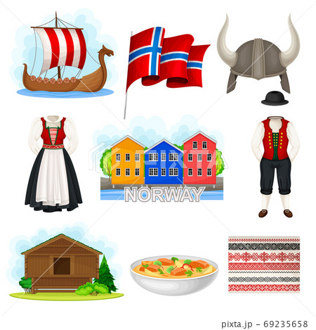 Norway Attributes with Flag on Pole and Colorful Houses Vector Set Norway Attributes with Flag on Pole and Colorful Houses Vector Set 69235658