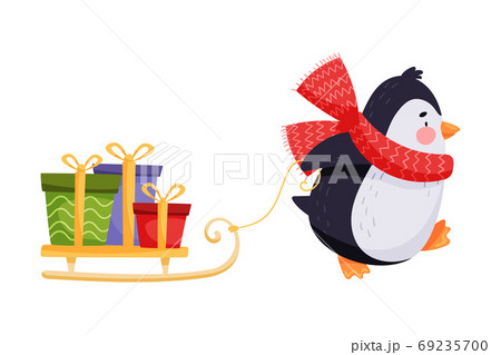 Cute Penguin Pulling Sledge with Gift Boxes Vector Illustration 69235700