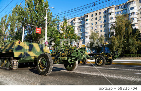 military parade in the city, ordered military equipment, tanks, guns and other weapons in the street for celebration 69235704