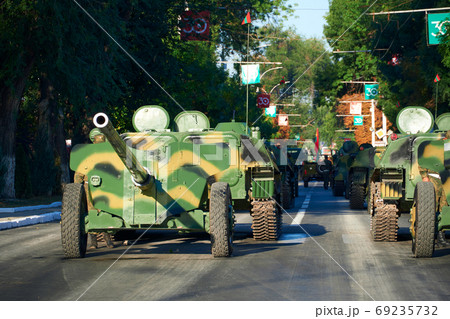 military parade in the city, ordered military equipment, tanks, guns and other weapons in the street for celebration 69235732