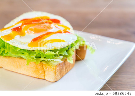 bread toast with fried egg and vegetable 69236545