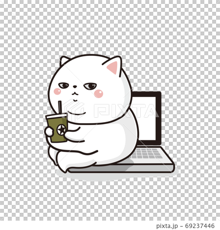 パソコンの上で寛ぐ太った猫 パソコンの上で寛ぐ太った猫 69237446