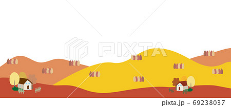 단풍이 든 사 토야마와 집이있는 시골 풍경 일러스트 - 스톡일러스트 [69238037] - Pixta