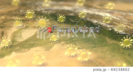 Sunny weather icons near Faisalabad city on the map, weather forecast related 3D rendering 69238602