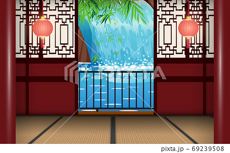 landscape of waterfall at china house on the mountain 69239508