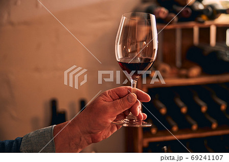 Male sommelier holding glass of red wine Male sommelier holding glass of red wine 69241107