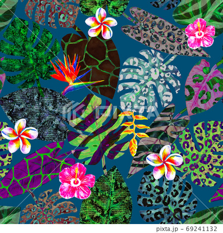 Watercolor surreal abstract seamless pattern with tropical exotic plants 69241132