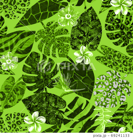 Watercolor surreal abstract seamless pattern with tropical exotic plants 69241133