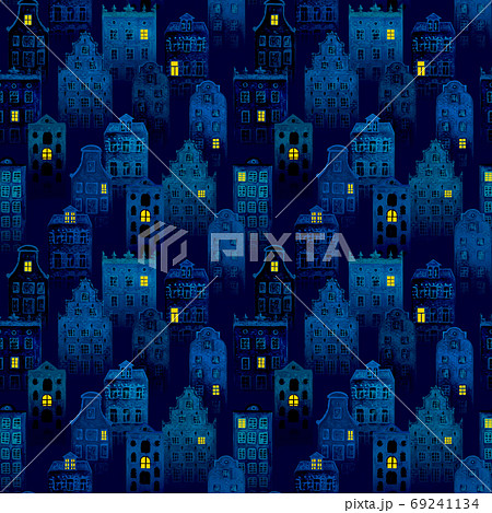 Halloween fairy dark night city seamless pattern of watercolor european amsterdam style houses 69241134