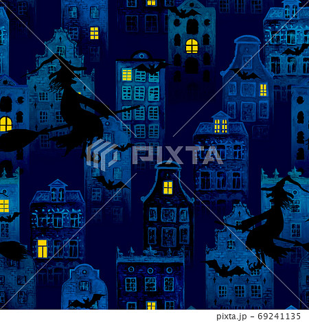 Halloween night city grunge seamless pattern with european old houses, silhouettes of witches flying and bats 69241135