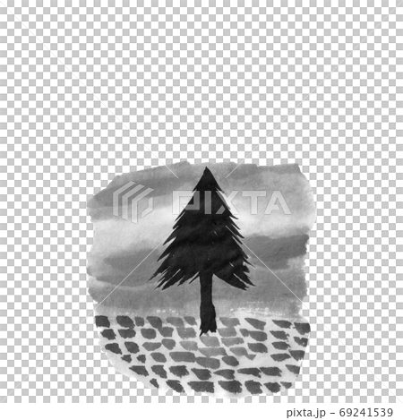 レンガの道にツリーのイラスト 墨の手描きイラスト ツリーのイラスト素材