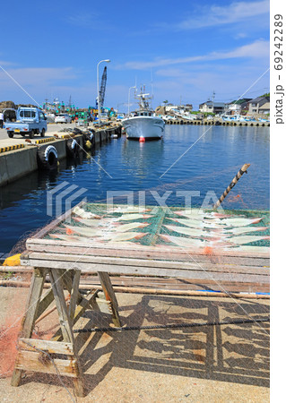 佐渡ヶ島の漁港、姫津港とイカの天日干し 69242289