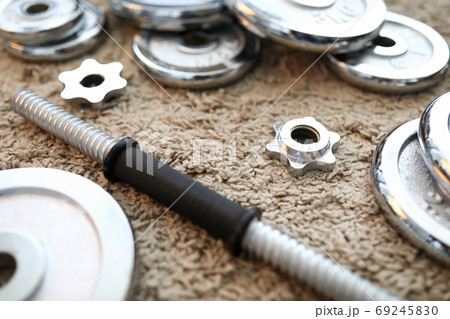 On the carpet of the apartment are metal dumbbells 69245830