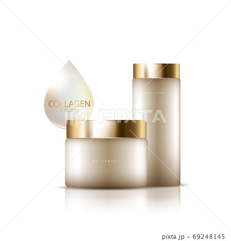 cosmetic product poster, bottle package design with collagen cream or liquid, sparkling background with glitter polka, vector design. cosmetic product poster, bottle package design with collagen cream or liquid, sparkling background with glitter polka, vector design. 69248145