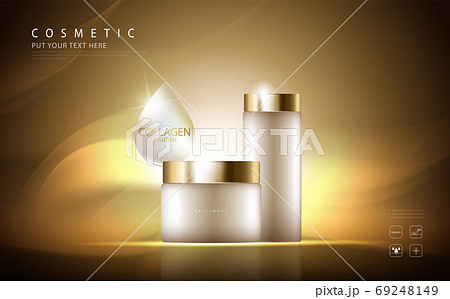 cosmetic product poster, bottle package design with collagen cream or liquid, sparkling background with glitter polka, vector design. cosmetic product poster, bottle package design with collagen cream or liquid, sparkling background with glitter polka, vector design. 69248149
