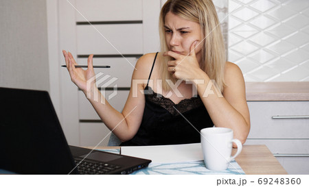 The frown student is studying at home 69248360