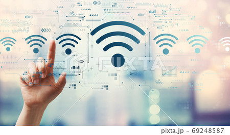 Wifi theme with hand pressing a button Wifi theme with hand pressing a button 69248587