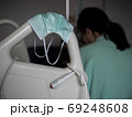 Surgical mask is placed on the medical device. With the patient in the room. 69248608
