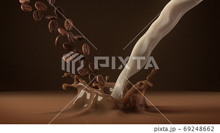 Coffee beans and milk falling in splash of coffee. 3D rendering. 69248662