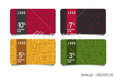 Set of discount cards with linear icon illustrations of home, kitchen and smart electronics, sale with percent interest Set of discount cards with linear icon illustrations of home, kitchen and smart electronics, sale with percent interest 69249116