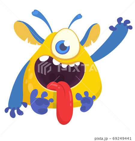 Scared cartoon yellow monster waving. Vector cute 69249441
