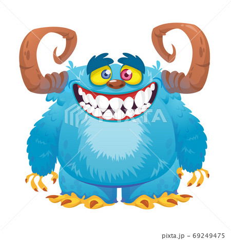 Funny cartoon blue furry monster with wide smile. Funny cartoon blue furry monster with wide smile. 69249475