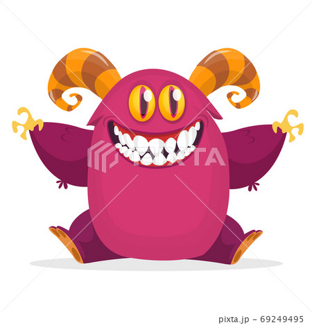 Funny cartoon purple monster sitting and waving. Funny cartoon purple monster sitting and waving. 69249495