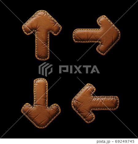 Set of symbols up arrow, right arrow, arrow to down and left arrow made of leather. 3D render font with skin texture isolated on black background. 69249745
