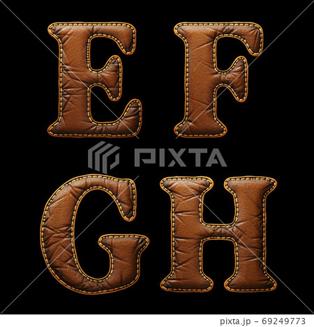 Set of leather letters E, F, G, H uppercase. 3D render font with skin texture isolated on black background. 69249773