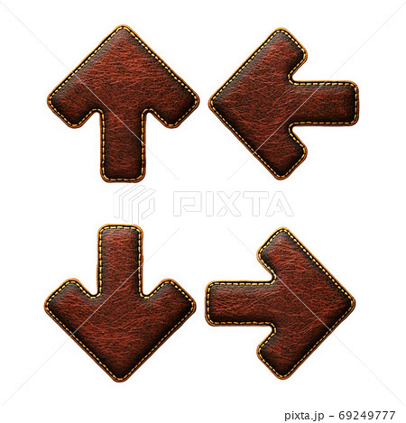 Set of symbols up, to down arrow and left, right arrow made of leather. 3D render font with skin texture isolated on white background. 69249777