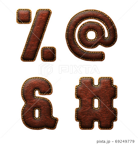 Set of symbols percent, at, ampersand, hash made of leather. 3D render font with skin texture isolated on white background. Set of symbols percent, at, ampersand, hash made of leather. 3D render font with skin texture isolated on white background. 69249779