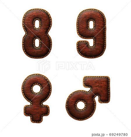Set of numbers 8, 9 and symbols female, male made of leather. 3D render font with skin texture isolated on white background. Set of numbers 8, 9 and symbols female, male made of leather. 3D render font with skin texture isolated on white background. 69249780