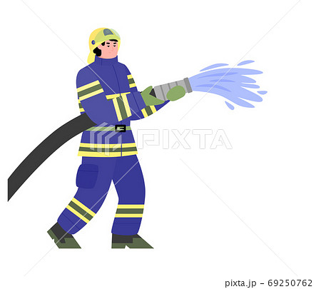 Firefighter Kneeling With Fire Hose Flat のイラスト素材