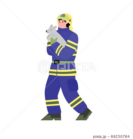 Firefighter Rescuing Wild Animals Flat Cartoon のイラスト素材