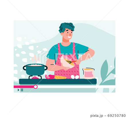 Blogger or vlogger shoots cooking tutorial, cartoon vector illustration isolated. 69250780