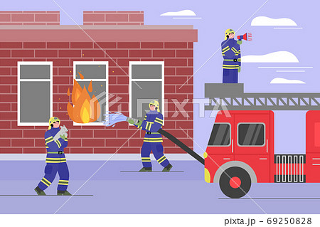 Team Of Firefighters Fighting Fire In Building のイラスト素材