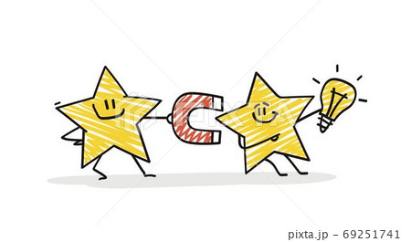 Funny star holds a magnet with which it attracts an idea. 69251741