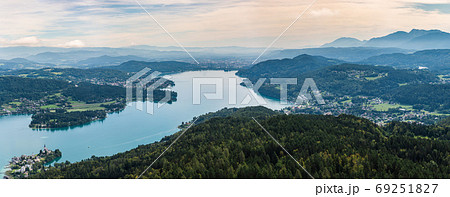 Panorama from Pyramidenkogel, view of the Lake Worthersee, Carinthia, Austria Panorama from Pyramidenkogel, view of the Lake Worthersee, Carinthia, Austria 69251827