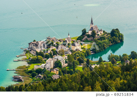 View of the Worthersee lake with Maria Worth church, Carinthia, Austria View of the Worthersee lake with Maria Worth church, Carinthia, Austria 69251834