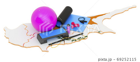 Fitness in Cyprus. Gym equipments on Cyprus map. 3D rendering 69252115