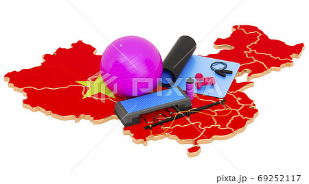 Fitness in China. Gym equipments on Chinese map. 3D rendering 69252117