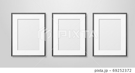 Vector 3d Realistic Three A4 Black Wooden Simple Modern Frame on a White Wall Background. It can be used for presentations. Design Template for Mockup, Front View 69252372