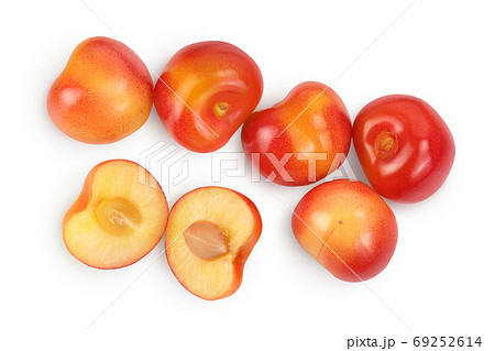 yellow-red sweet cherry isolated on white background with clipping path . Top view. Flat lay 69252614