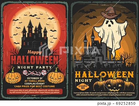 Halloween haunted house ghost with bats, pumpkins 69252850