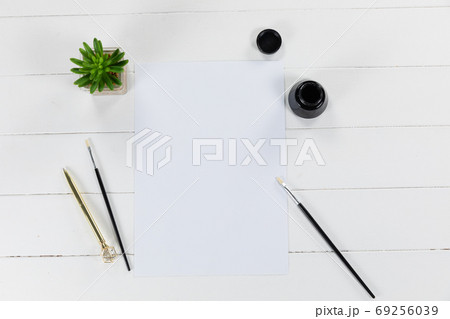 View of a white sheet of paper, a bottle of black ink and brushes with a green plant on plain white 69256039