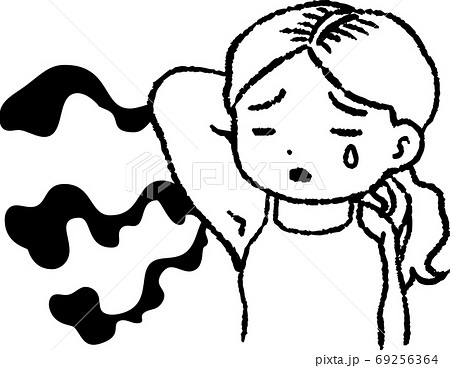 ワキガ 脇の臭い 悩み つらい 女性 かわいいイラストのイラスト素材